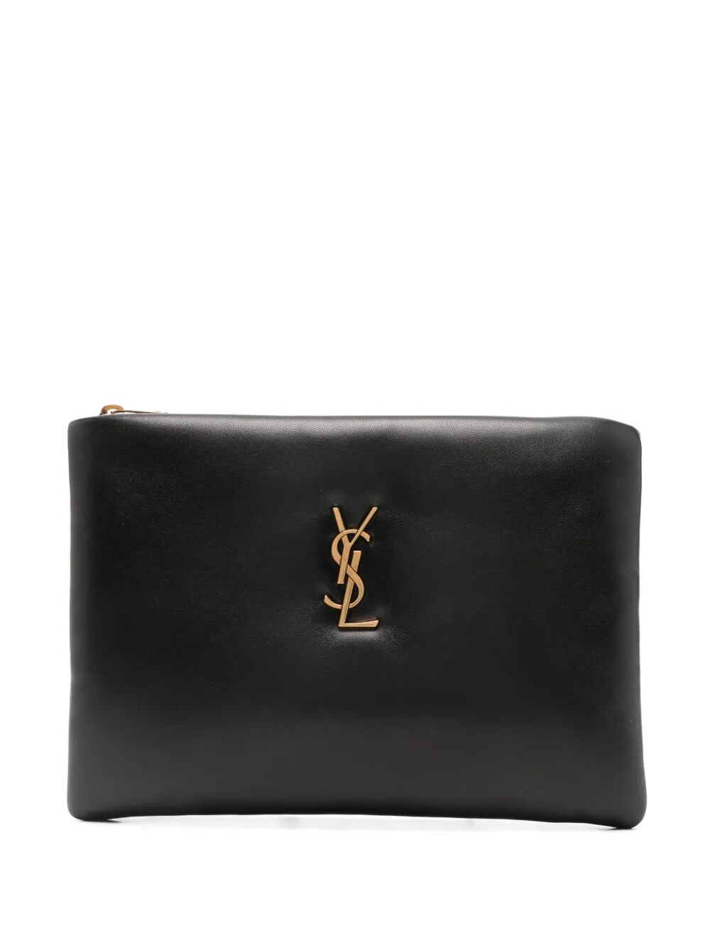 Black Saint Laurent Calypso small pouch in soft lambskin, compact designer accessory with a sleek, minimalist design.