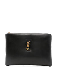 Black Saint Laurent Calypso small pouch in soft lambskin, compact designer accessory with a sleek, minimalist design.