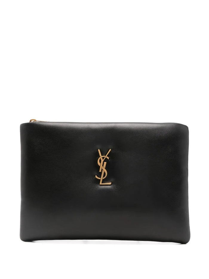 Black Saint Laurent Calypso small pouch in soft lambskin, compact designer accessory with a sleek, minimalist design.