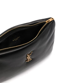 Black Saint Laurent women’s Calypso small pouch in soft lambskin with a sleek, minimalist design.