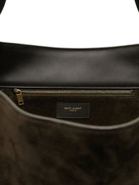 Green Saint Laurent Le 5 À 7 Bea suede bag with structured design, featuring a top handle and subtle branding.