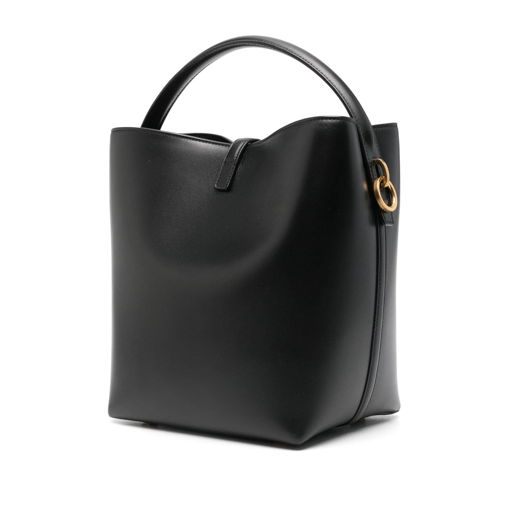 Luosophy black Saint Laurent-style bucket handbag for women, crossbody design with sleek minimalist look.