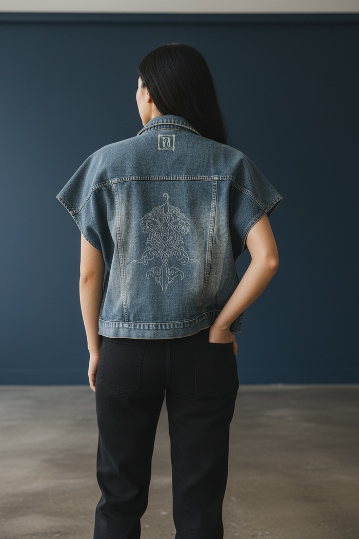 Lusanet Collective sleeveless loose denim jacket, casual jeans jacket with relaxed fit and light wash, displayed on a hanger.