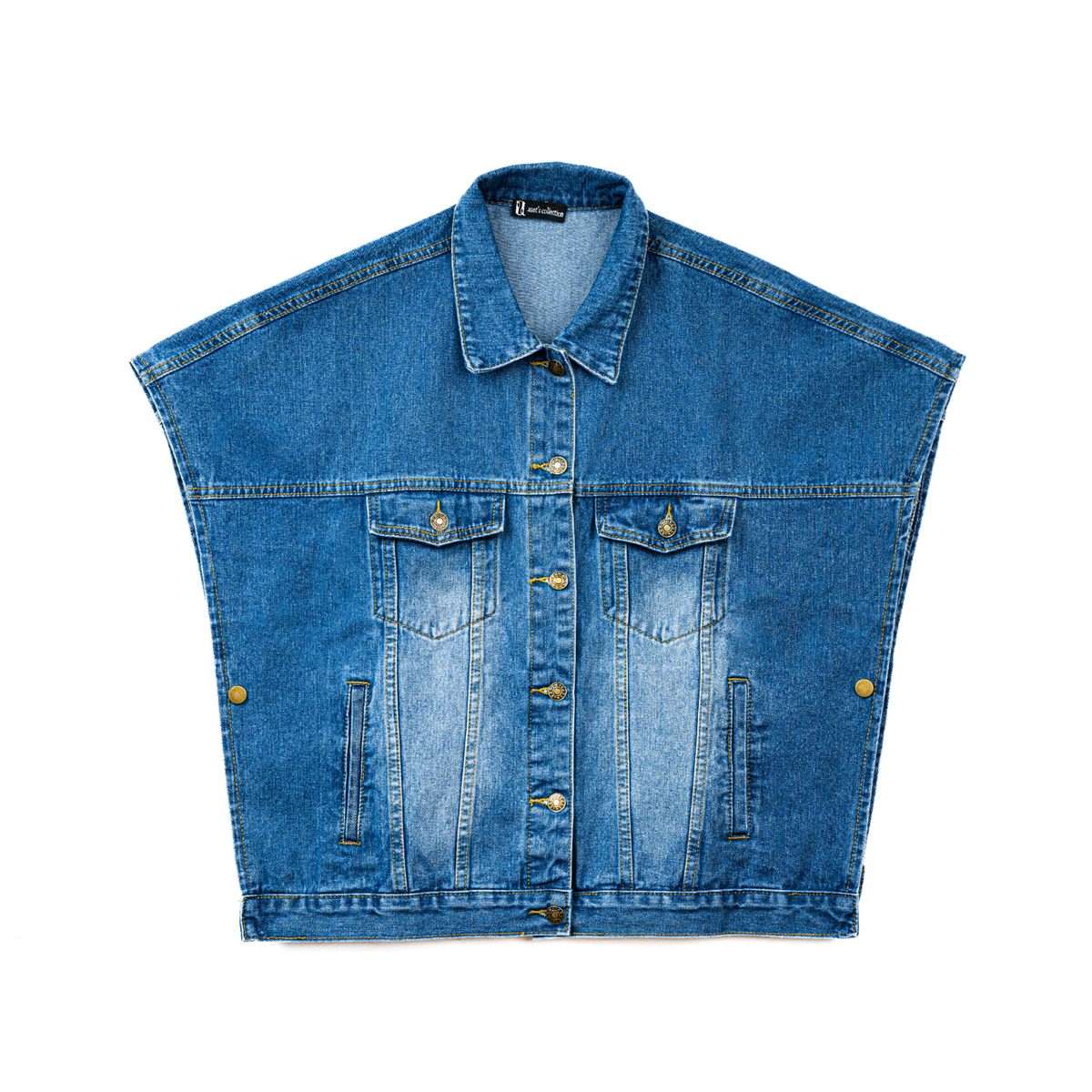 Lusanet Collective sleeveless loose denim jacket with raw hem, casual style, and light blue wash, perfect for layered outfits.