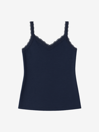 Lusome Sleep USA Ginger Cami in denim mix fabric, lightweight sleepwear top with slender straps and relaxed fit.