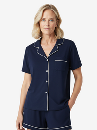 Denim mix Donna short sleeve shirt by Lusome Sleep USA featuring a classic fit and casual style, shown on a model.