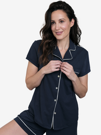 Lusome Sleep USA Donna short sleeve denim shirt with a relaxed fit, featuring a classic collar and button-front design.