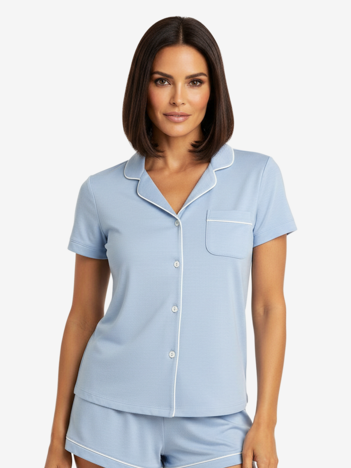 Lusome Sleep USA Donna short sleeve denim shirt displayed on a hanger, featuring a classic casual style and button-up design.