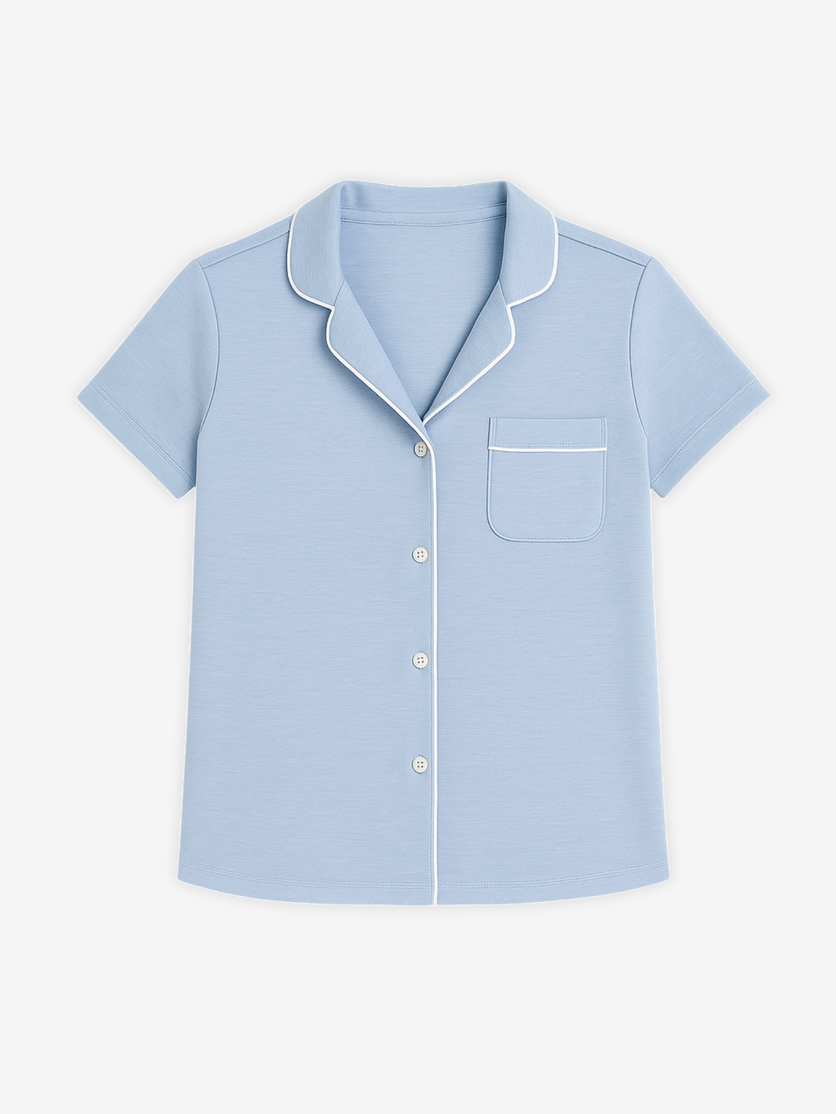Light blue Donna short sleeve shirt by Lusome Sleep USA, casual denim mix fabric, relaxed fit, displayed on a flat lay with buttons