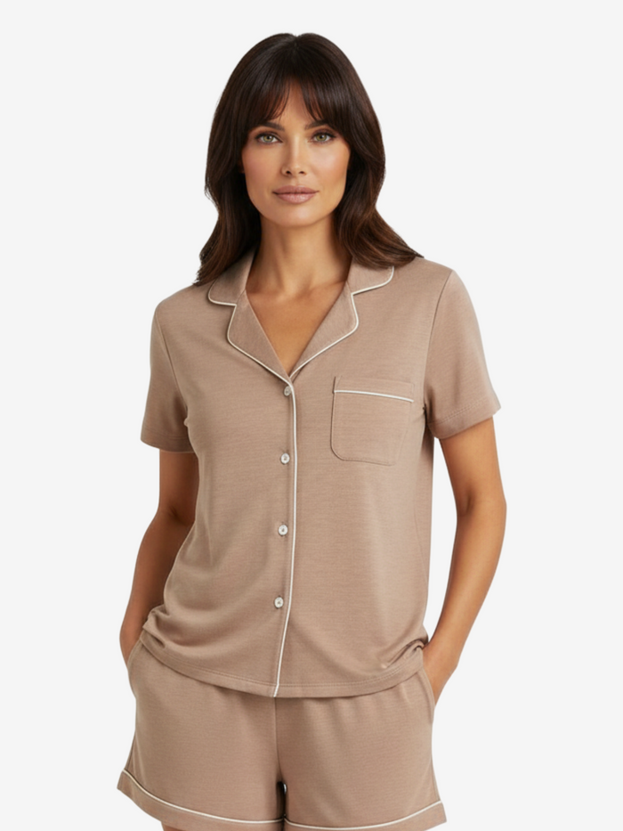 Lusome Sleep USA Donna short sleeve denim shirt with a casual fit and classic collar, shown in size XS.
