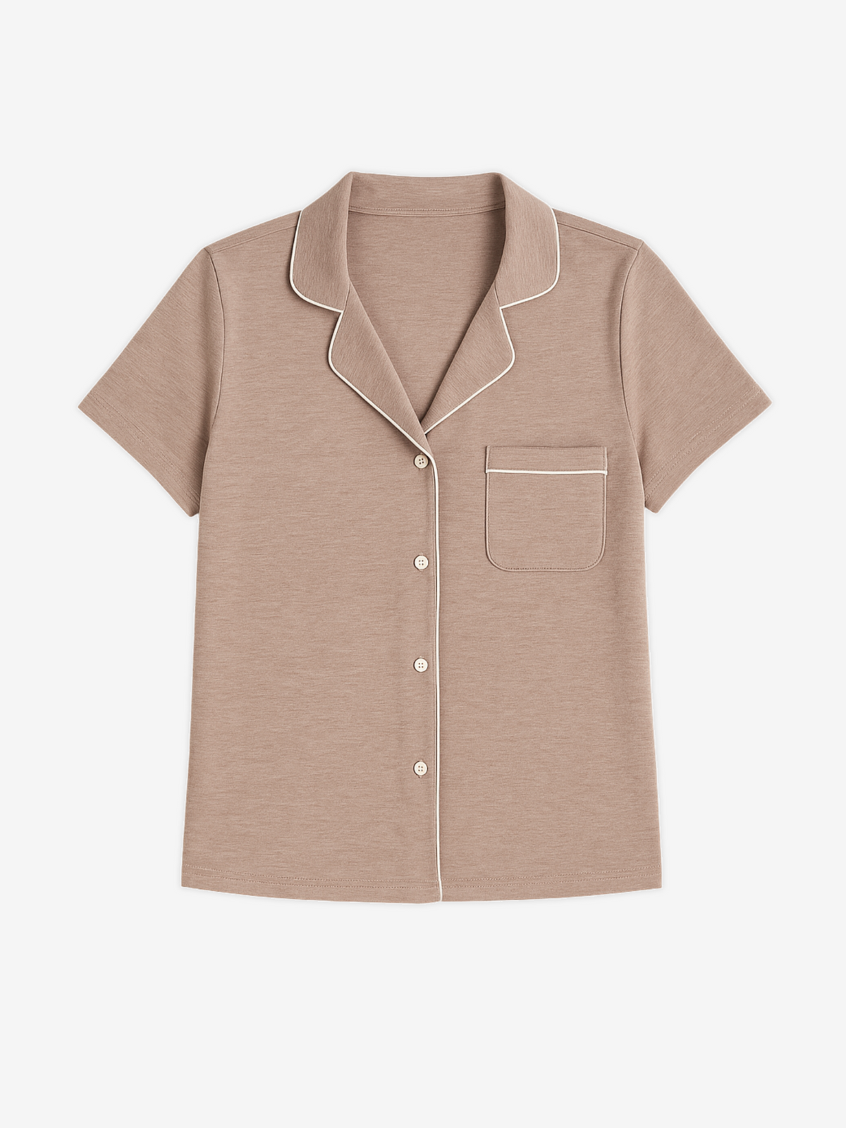 Lusome Sleep USA Donna short sleeve denim shirt, slim fit, casual style, button-up front, shown on a hanger.