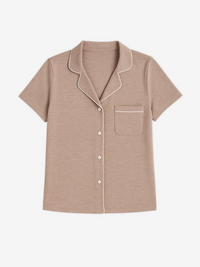 Lusome Sleep USA Donna short sleeve denim shirt, slim fit, casual style, button-up front, shown on a hanger.