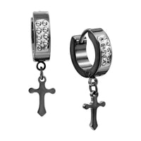 14K gold plated silver cross pendant huggie hoops earrings with cubic zirconia stones, black finish, stylish and elegant jewelry.