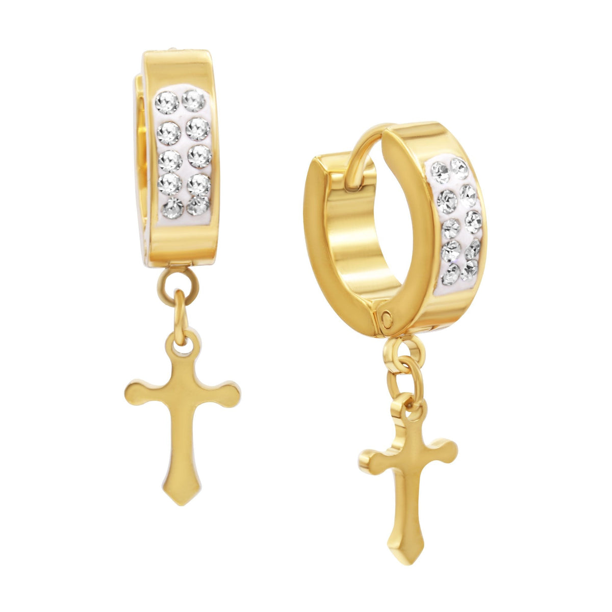 Black gold-plated silver JB Jewelry BLVD cubic zirconia cross pendant huggie hoops earrings, showcasing detailed cross design.