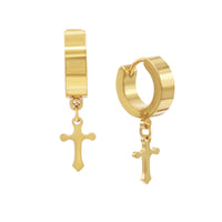 14K gold plated silver cross pendant huggie hoops earrings with black accents from JB Jewelry BLVD, showcasing stylish jewelry.