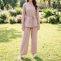 Mandarin Collar Drop-Shoulder Button Top & Wide-Leg Trouser Set(MS462)