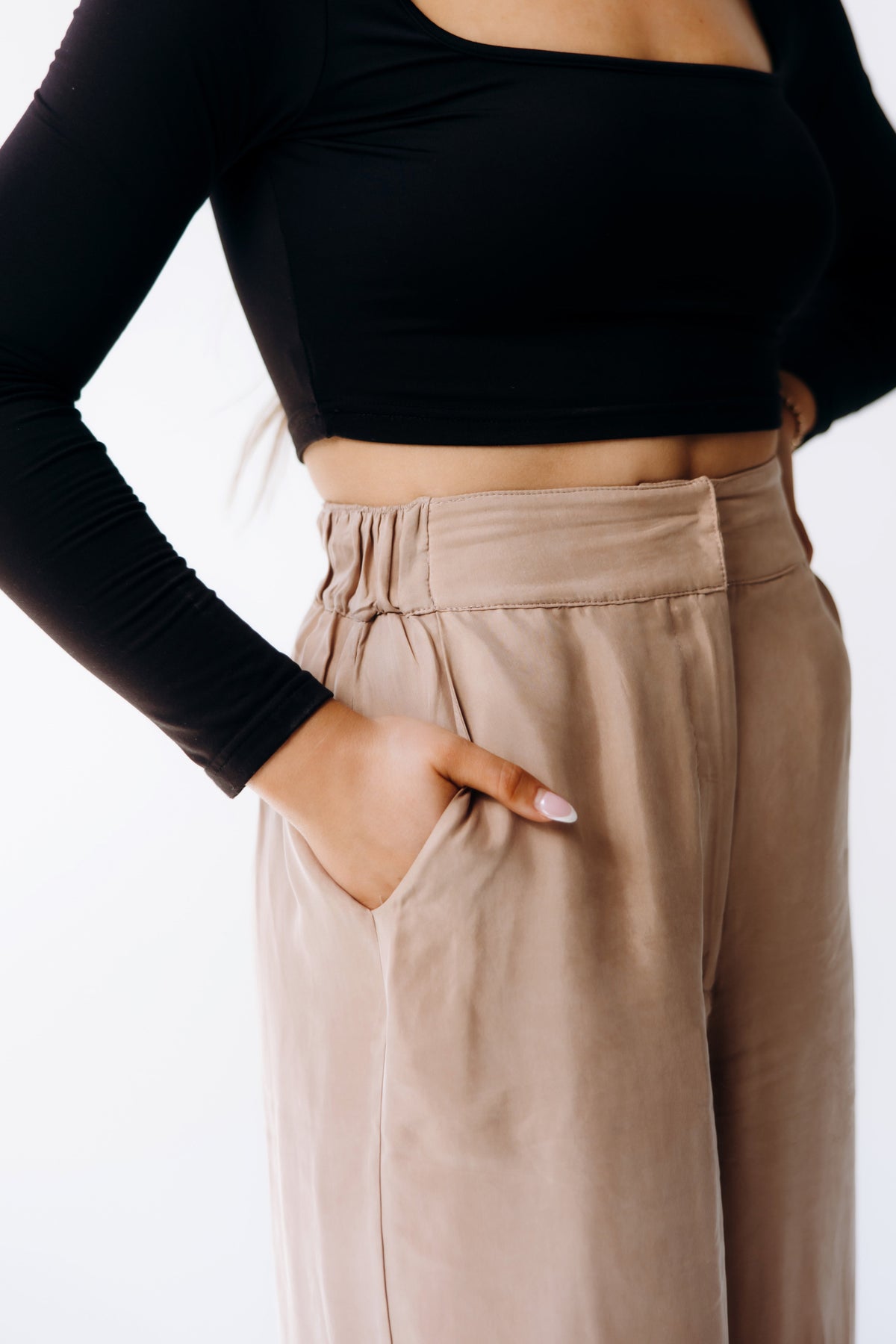 Margo Paige washable silk wide-leg pants featuring flowing fabric and a comfortable, stylish fit in a neutral color.