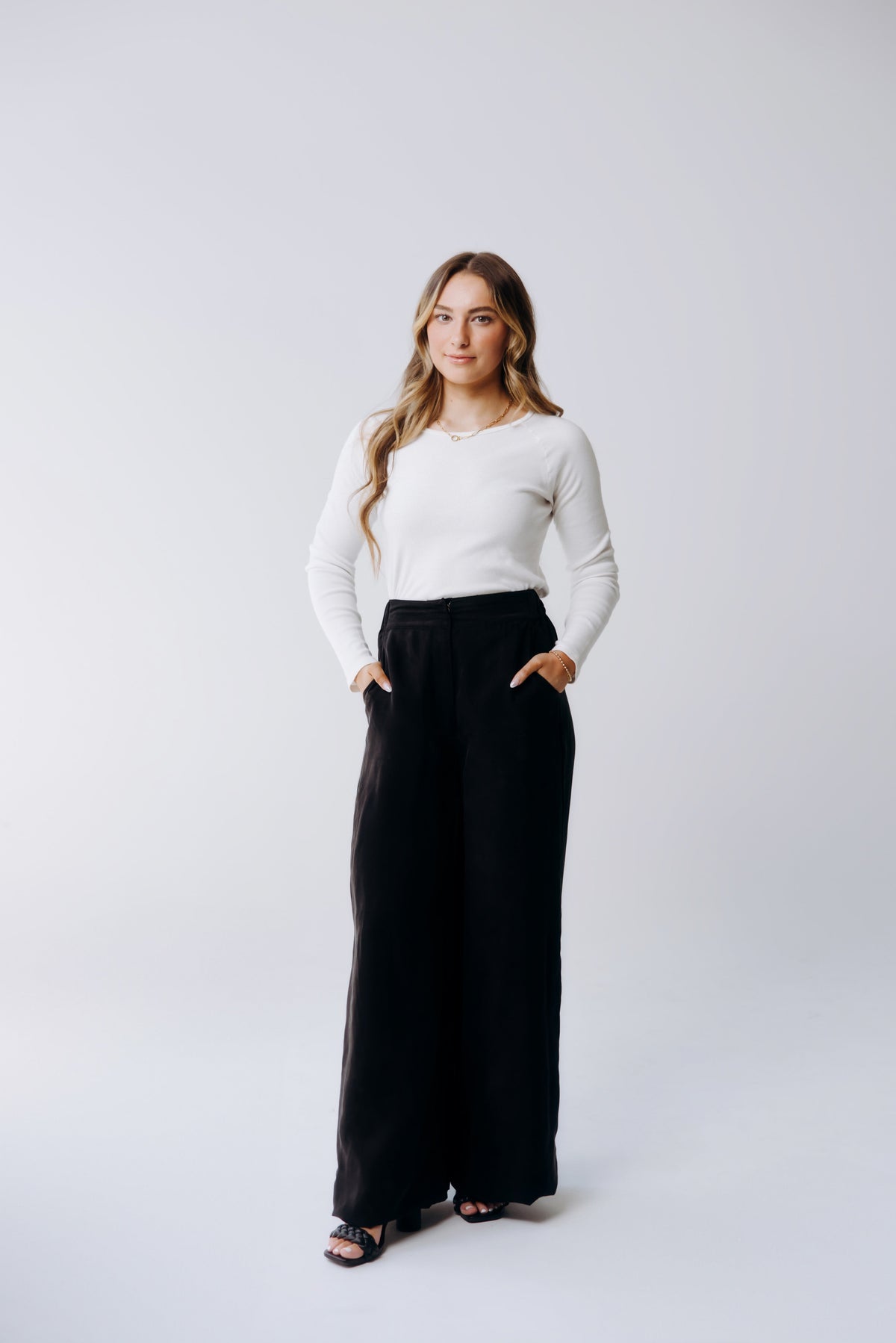 Margo Paige washable silk wide-leg pants in a soft, flowing fabric with a relaxed fit and high waist design.