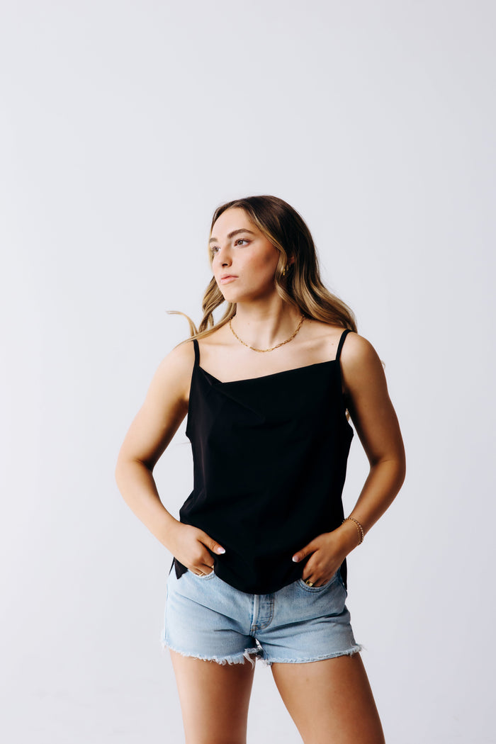 Margo Paige cowl neck camisole featuring a soft, draped cowl neckline and sleek fabric, perfect for casual or layered looks.