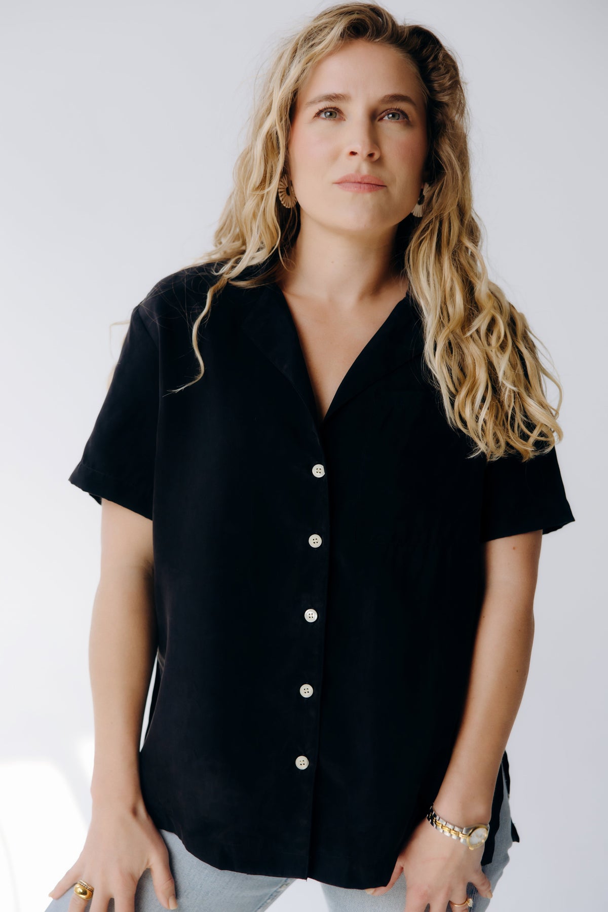 Margo Paige washable silk button-down shirt, lightweight and smooth with classic collar and long sleeves, in a versatile design.