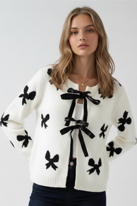 Miss Sparkling bow print tie-front cardigan featuring a soft knit fabric and a stylish bow design on the front.