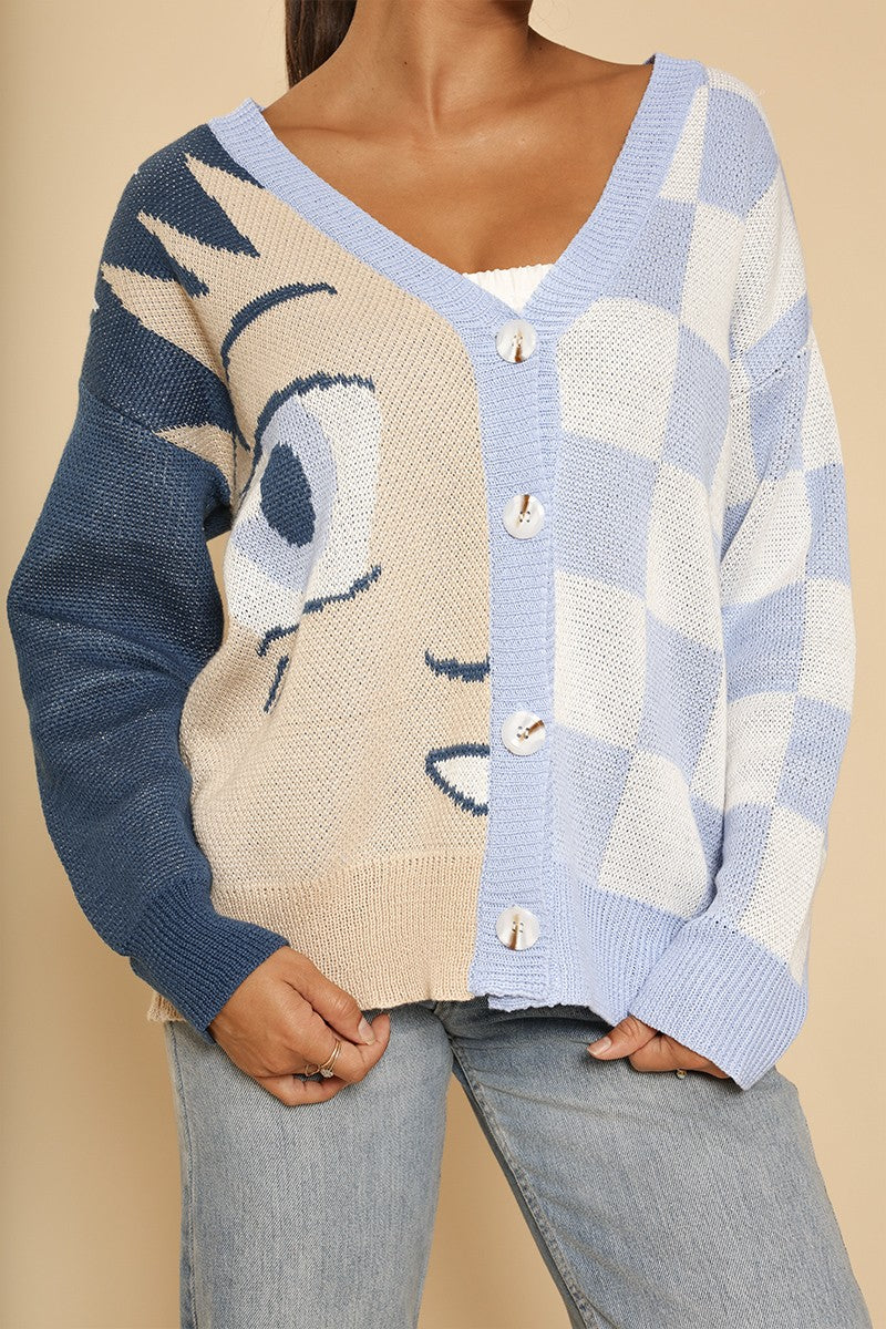 Anime checkered cardigan by Miss Sparkling featuring a stylish black and white checkered pattern and a cozy fit.