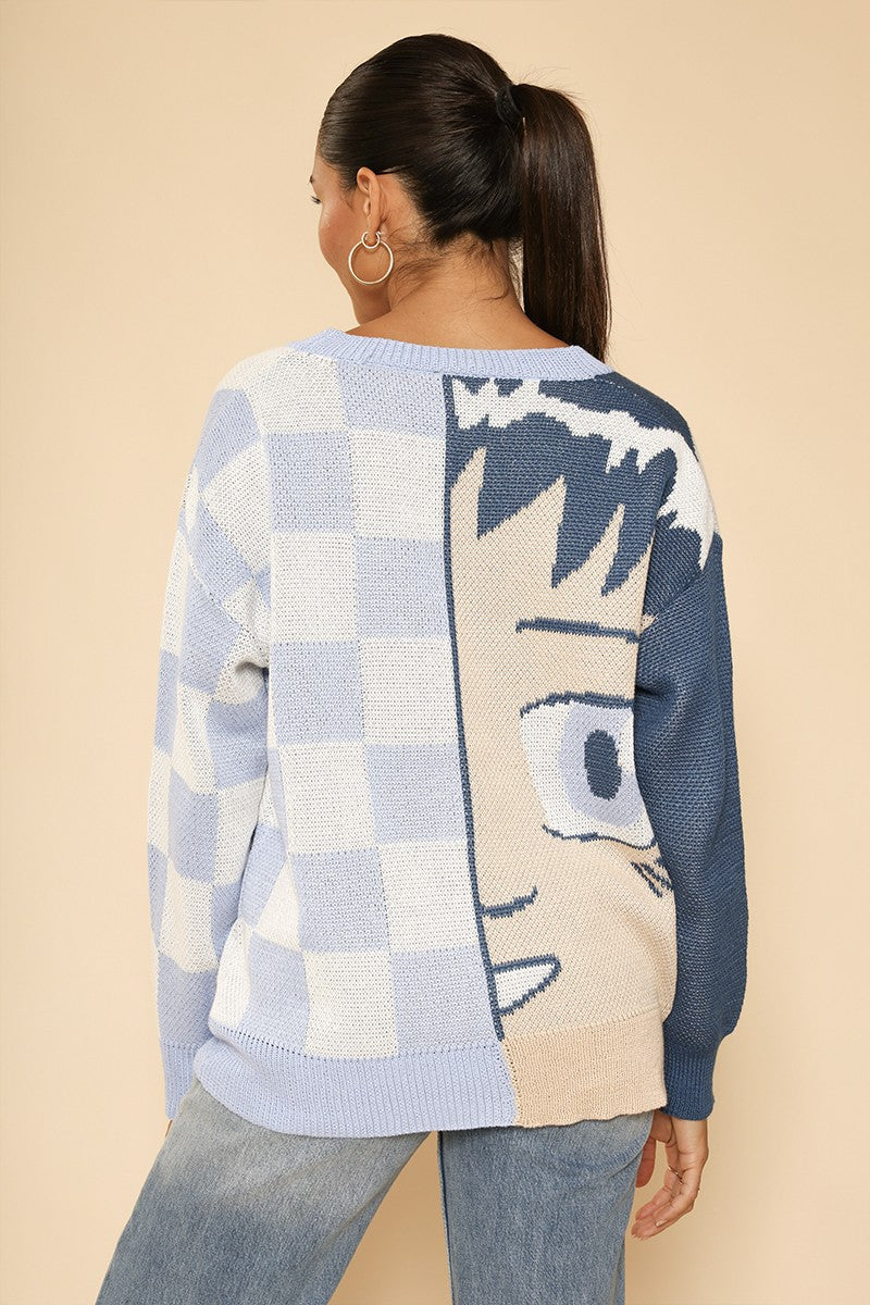 Anime checkered cardigan by Miss Sparkling, featuring a stylish black and white checkered pattern and a cozy knit texture.