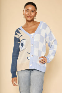 Anime checkered cardigan by Miss Sparkling featuring a stylish black and white checkered pattern and cozy knit fabric.