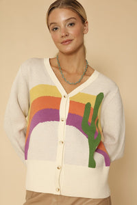 Miss Sparkling cactus rainbow knit cardigan featuring colorful cactus and rainbow patterns, soft and cozy for casual wear.