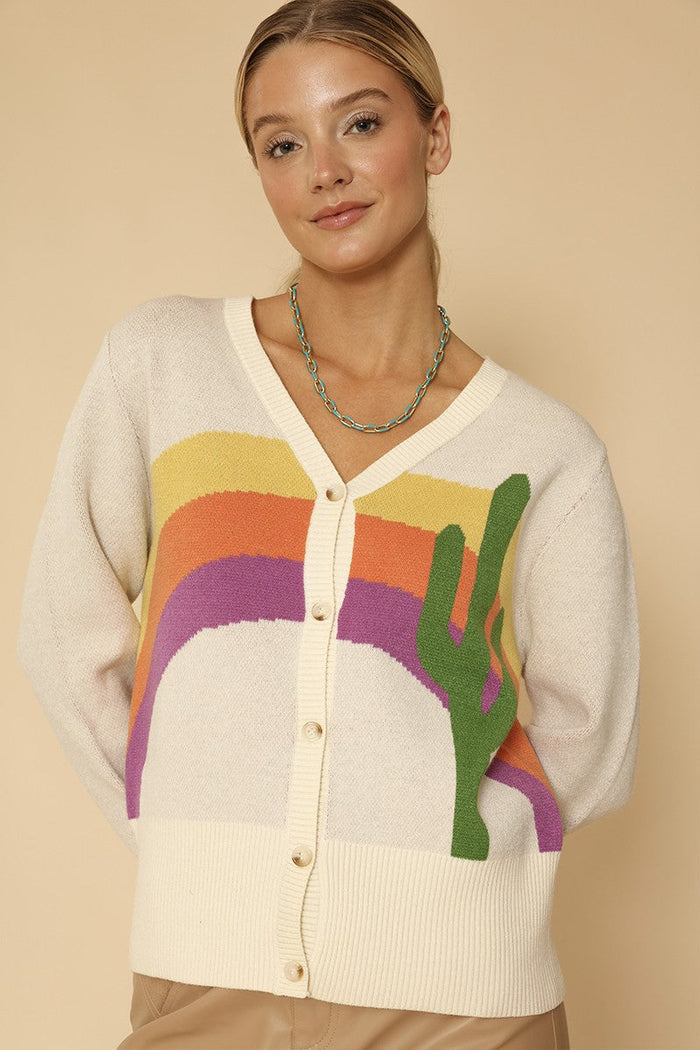 Miss Sparkling cactus rainbow knit cardigan featuring colorful cactus and rainbow patterns, soft and cozy for casual wear.