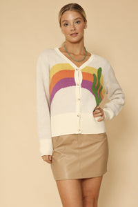 Colorful cactus rainbow knit cardigan by Miss Sparkling, featuring vibrant embroidered cactus and rainbow patterns on soft fabric.