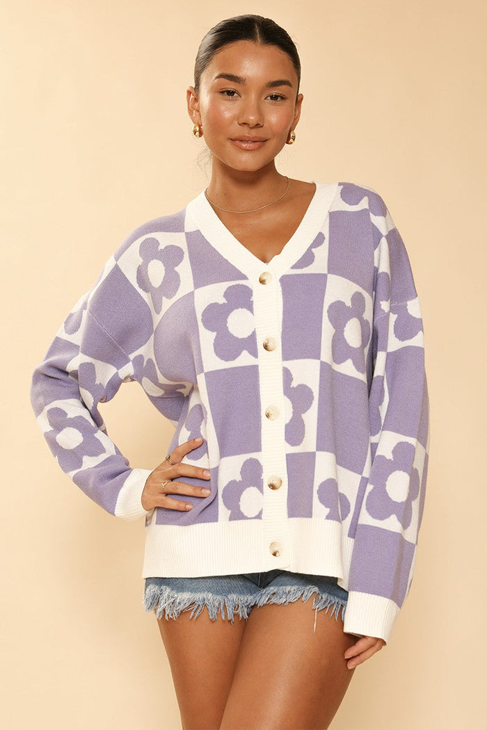 Miss Sparkling checkered flower knit cardigan with long sleeves and button closure, featuring a colorful floral pattern.