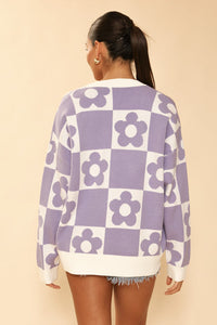 Miss Sparkling checkered flower knit cardigan with floral pattern and button closure, displayed flat on a neutral background.