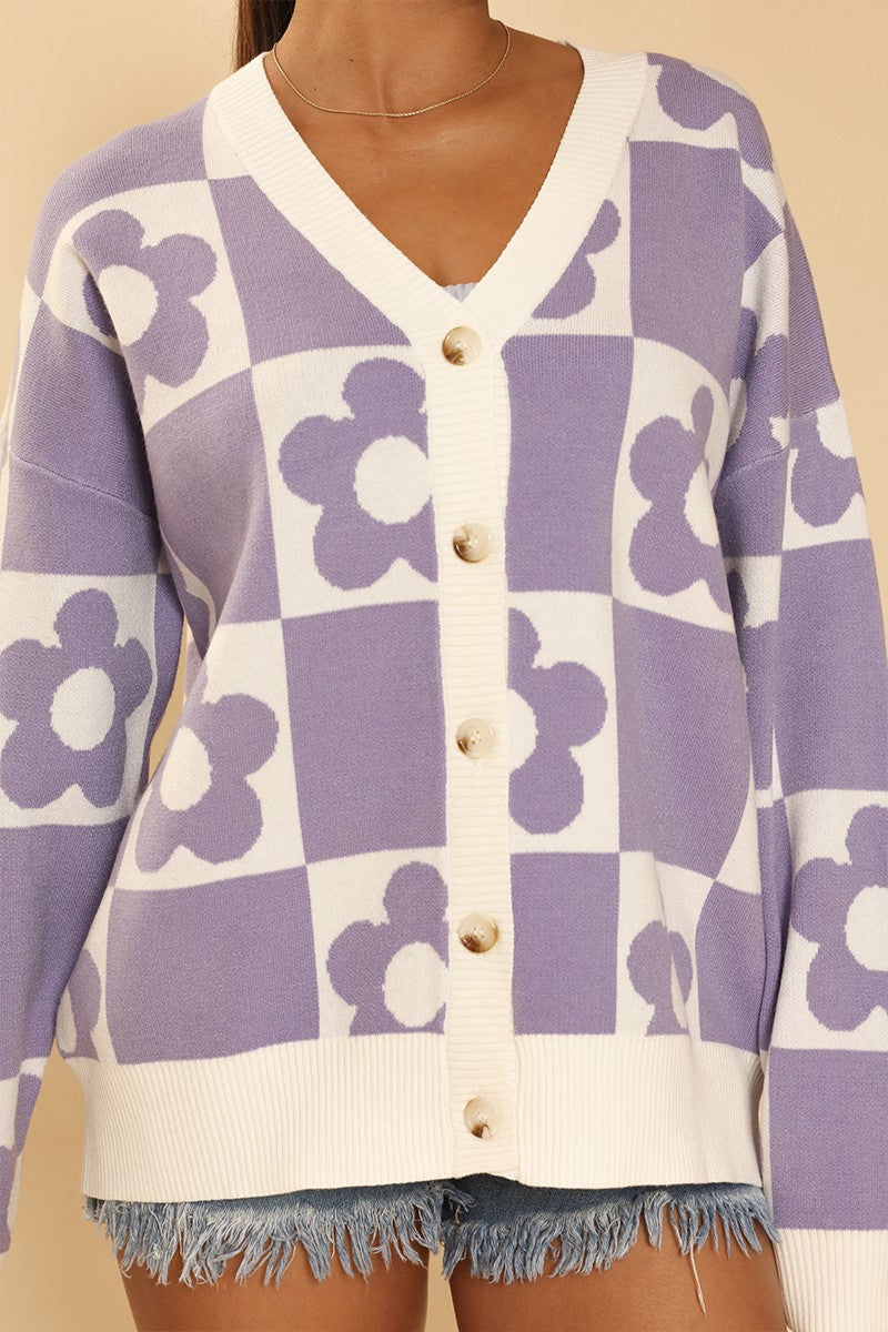 Checkered flower knit cardigan by Miss Sparkling featuring a cozy knit fabric and floral pattern in a stylish checkered design.