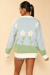 Miss Sparkling flower field knit cardigan with floral pattern, long sleeves, and cozy knit fabric, perfect for casual wear.