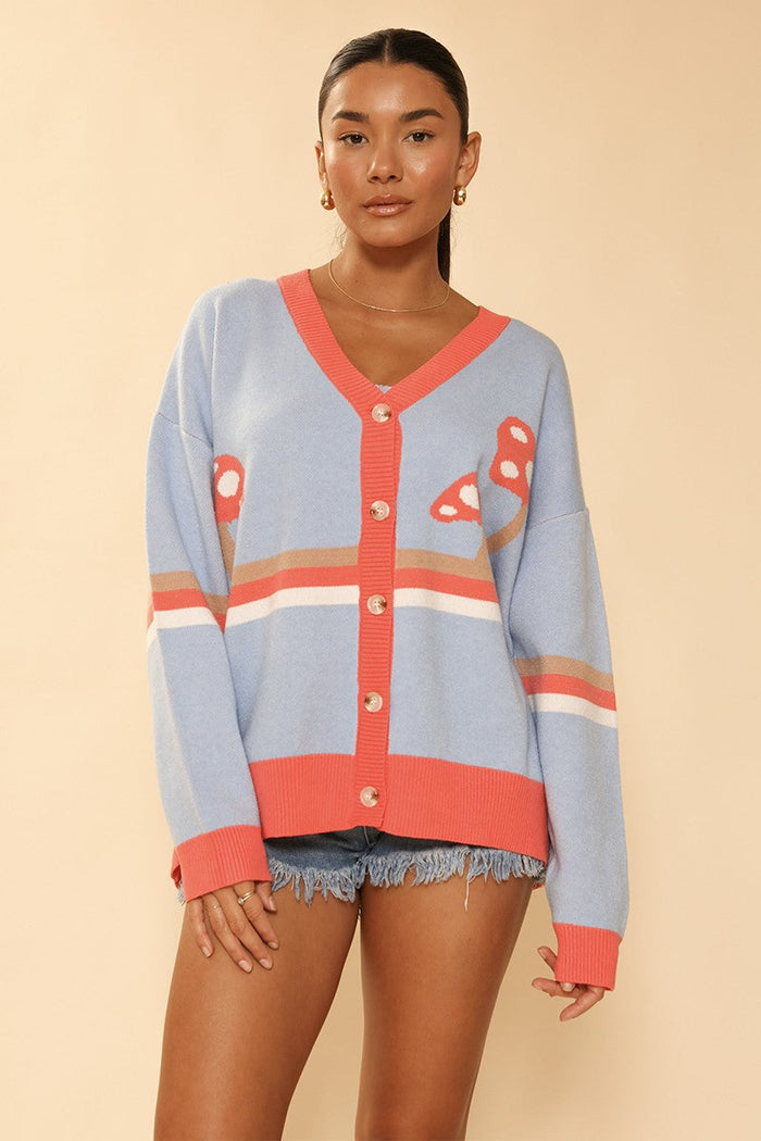 Miss Sparkling mushroom cardigan featuring a cozy knit design with earthy tones and a relaxed fit.