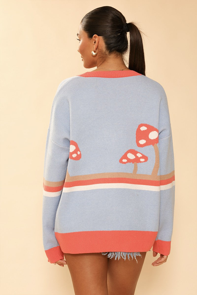 Miss Sparkling mushroom cardigan, knitted long-sleeve sweater with mushroom pattern, casual and cozy fashion for women.