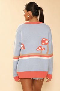 Miss Sparkling mushroom cardigan, knitted long-sleeve sweater with mushroom pattern, casual and cozy fashion for women.