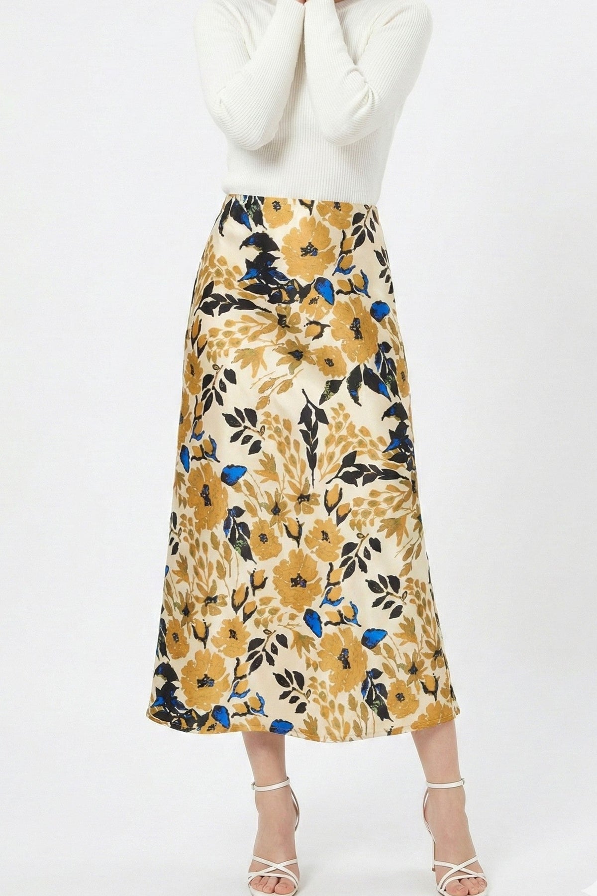 Miss Sparkling satin floral print midi skirt with a flowy, elegant design and vibrant flower pattern.