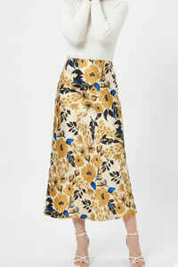 Miss Sparkling satin floral print midi skirt with a flowy, elegant design and vibrant flower pattern.