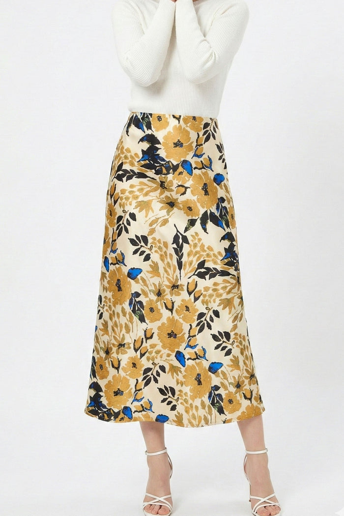 Miss Sparkling satin floral print midi skirt with a flowy, elegant design and vibrant flower pattern.