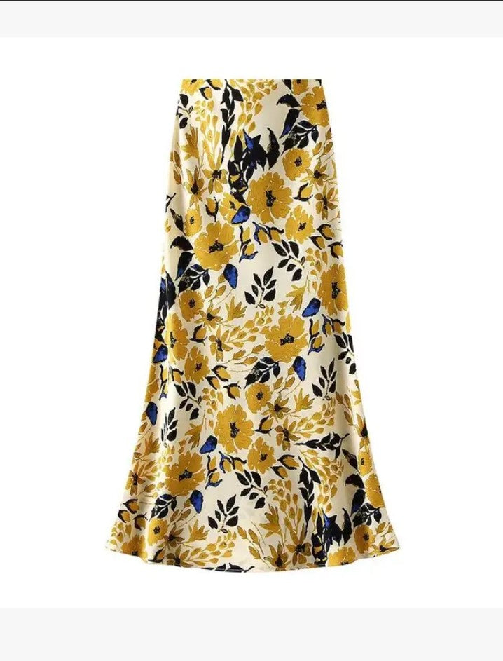 Miss Sparkling satin floral print midi skirt with a flowy, elegant design and vibrant floral pattern.