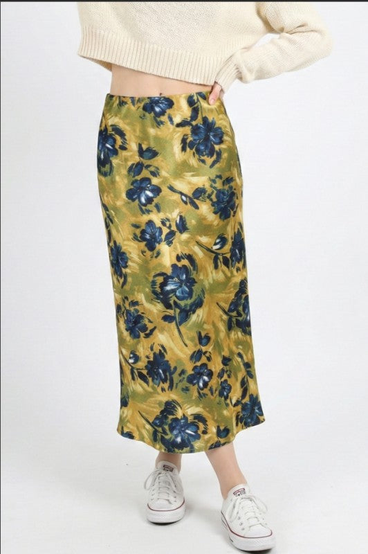 Miss Sparkling satin floral print midi skirt with a smooth, shiny fabric and vibrant floral pattern, flowing design.