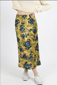 Miss Sparkling satin floral print midi skirt with a smooth, shiny fabric and vibrant floral pattern, flowing design.