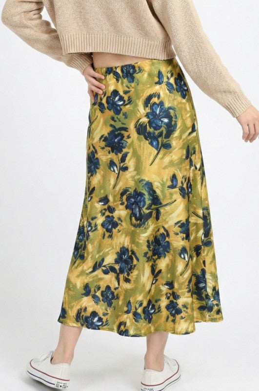 Miss Sparkling satin floral print midi skirt with a flowy design and vibrant flower pattern.