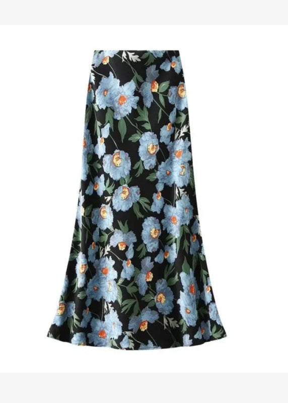 Miss Sparkling satin floral print midi skirt with a flowing design and vibrant flower patterns.