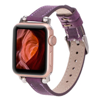 Purple Mizuri Leather Ferro Apple Watch band for 44-49mm models, made of genuine leather with a sleek, stylish design.