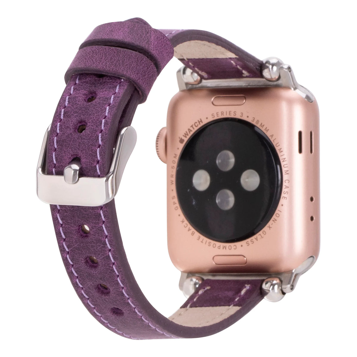 Purple Mizuri Leather Ferro Apple Watch band for 44mm, 45mm, 46mm, and 49mm Apple Watch, featuring genuine leather strap.