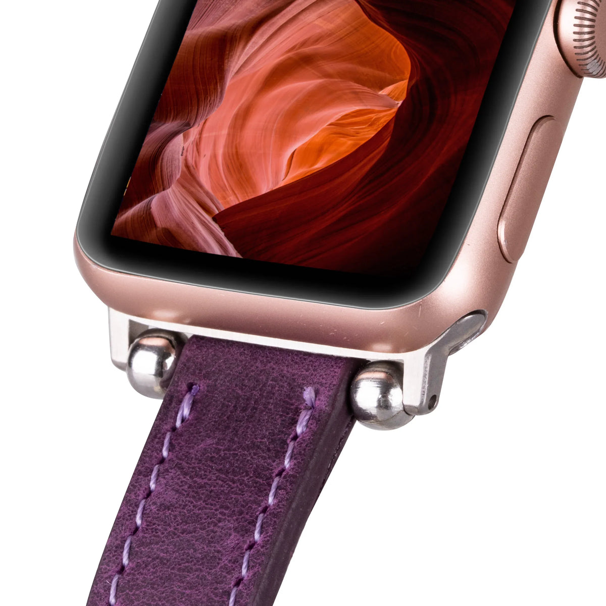 Mizuri Leather Ferro Apple Watch leather band in purple for 44-49mm Apple Watch, showcasing its smooth leather strap and metal clasp.