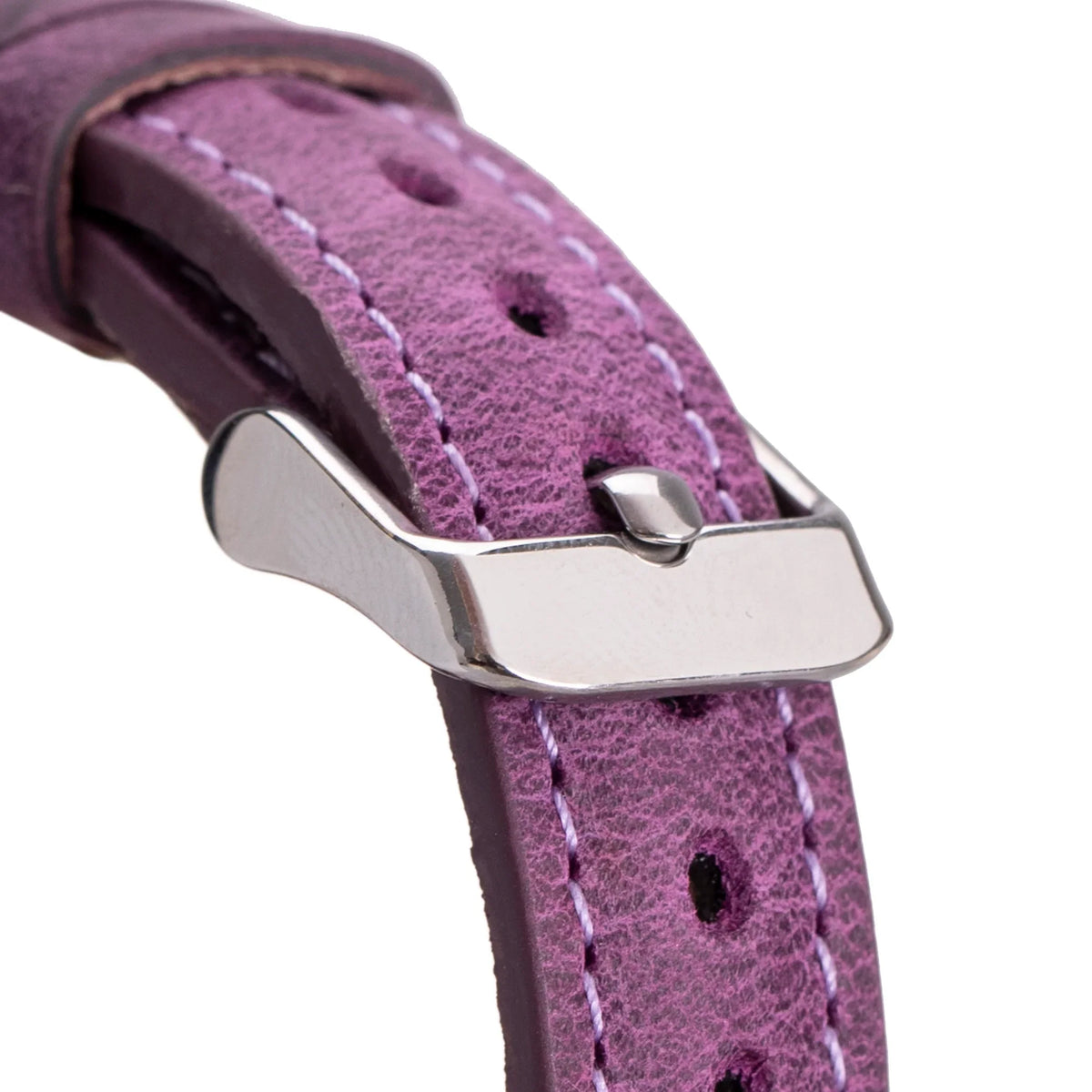 Purple Mizuri Leather Ferro Apple Watch leather band for 44-49mm sizes, showing the textured leather strap and metal clasp.